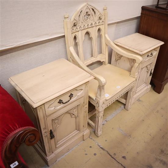 A cream painted Gothic style elbow chair, W.58cm and a matching pair of bedside cabinets, W.50cm